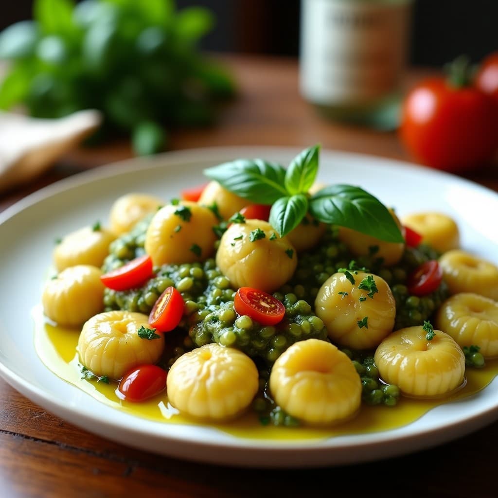 Plato blanco con ñoquis de mandioca dorados, bañados en una salsa verde vibrante de pesto de albahaca y trozos de tomates secos. Decorado con hojas de albahaca fresca y un hilo de aceite de oliva virgen extra.