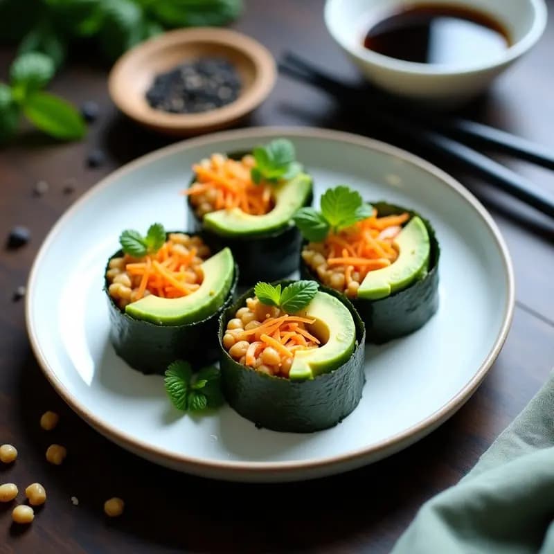 Plato blanco con Nori Rolls con Aguacate y Surimi de Garbanzos cortados en porciones, mostrando capas de aguacate verde, surimi dorado y vegetales frescos, sobre un fondo de madera oscura con salsa de soja y semillas de sésamo esparcidas.