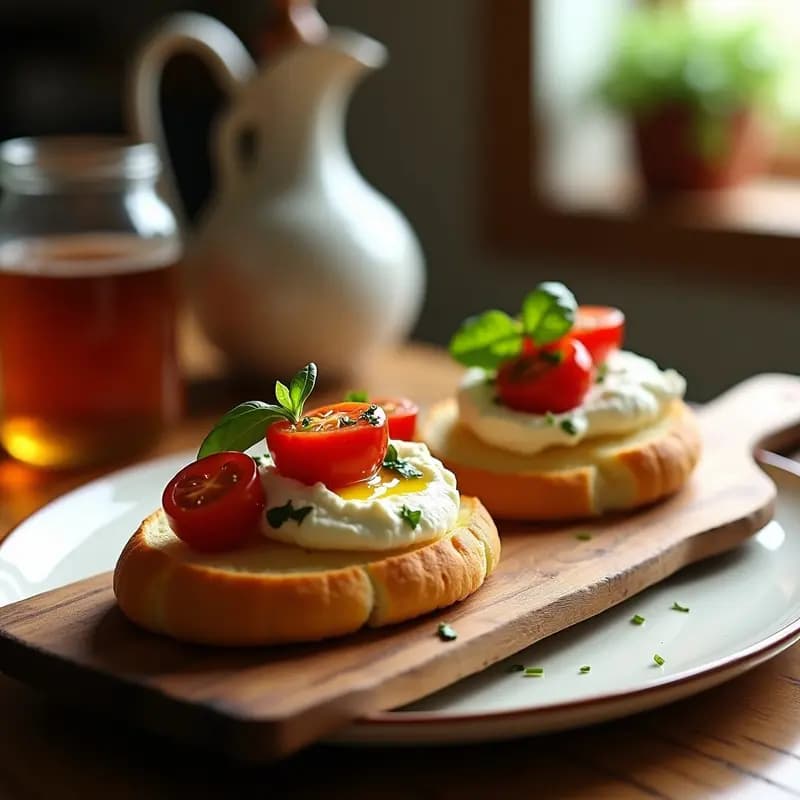 Aperitivo griego de nube de queso feta y tomate confit sobre cloud bread esponjoso, decorado con albahaca fresca y aceite de oliva en una tabla de madera rústica.