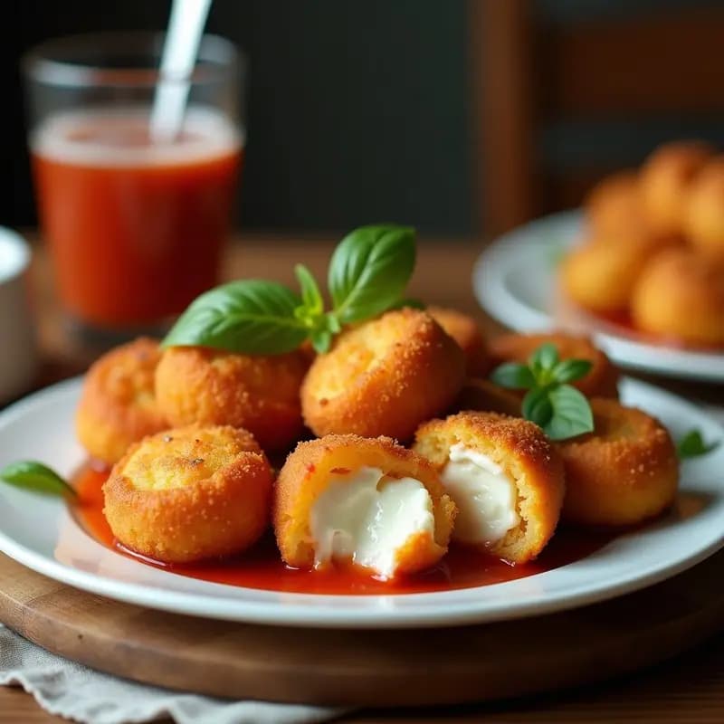 Nuggets dorados y crujientes de mozzarella rellenos de pepperoni y queso azul, fritos hasta la perfección, servidos en un plato blanco con salsa de miel y mostaza al lado.