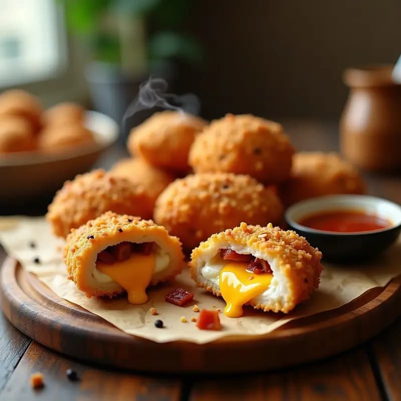 Plato de nuggets de pollo dorados y crujientes rellenos de queso mozzarella fundido y tocino ahumado, servidos sobre papel absorbente con salsa barbacoa al lado, receta indulgente y adictiva.