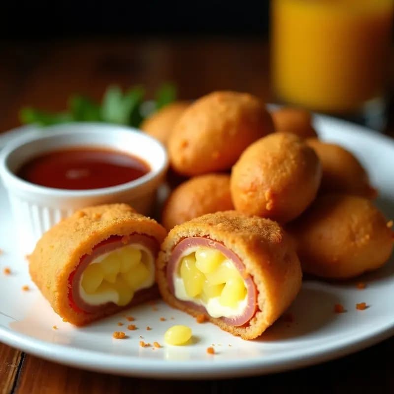 Nuggets dorados y crujientes de queso mozzarella rellenos de jamón serrano y piña en almíbar, servidos en un plato blanco con salsa barbacoa al lado, receta ideal para fiestas.
