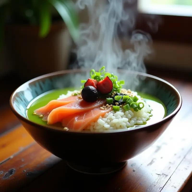 Bol de cerámica blanca con Ochazuke japonés: arroz blanco sumergido en té verde matcha, coronado con láminas rosadas de salmón fresco, ciruelas umeboshi rojas, algas nori negras en tiras, semillas de sésamo y cebollino picado. Vapor subiendo del bol, fondo de madera oscura y taza de té verde al lado.