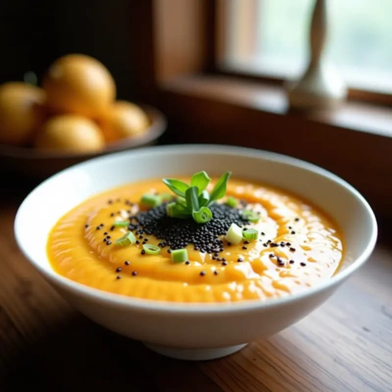 Cuenco hondo de cerámica blanca con okayu de calabaza y jengibre, gachas japonesas cremosas de color naranja claro, decoradas con semillas de sésamo negro, cebollino picado y tiras de algas nori. Fondo neutro con textura de madera.