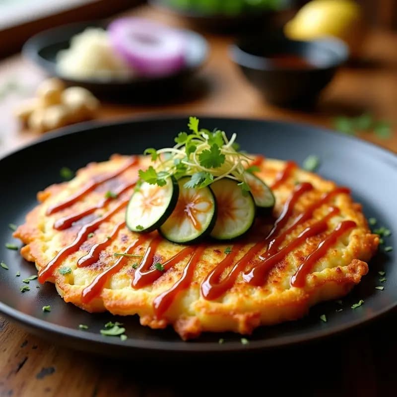 Okonomiyaki de calabacín y camarones dorado y crujiente, decorado con salsa teriyaki brillante, mayonesa en zigzag, algas nori y bonito en escamas sobre un plato de cerámica negra, con fondos de ingredientes frescos como jengibre y cebolla morada.