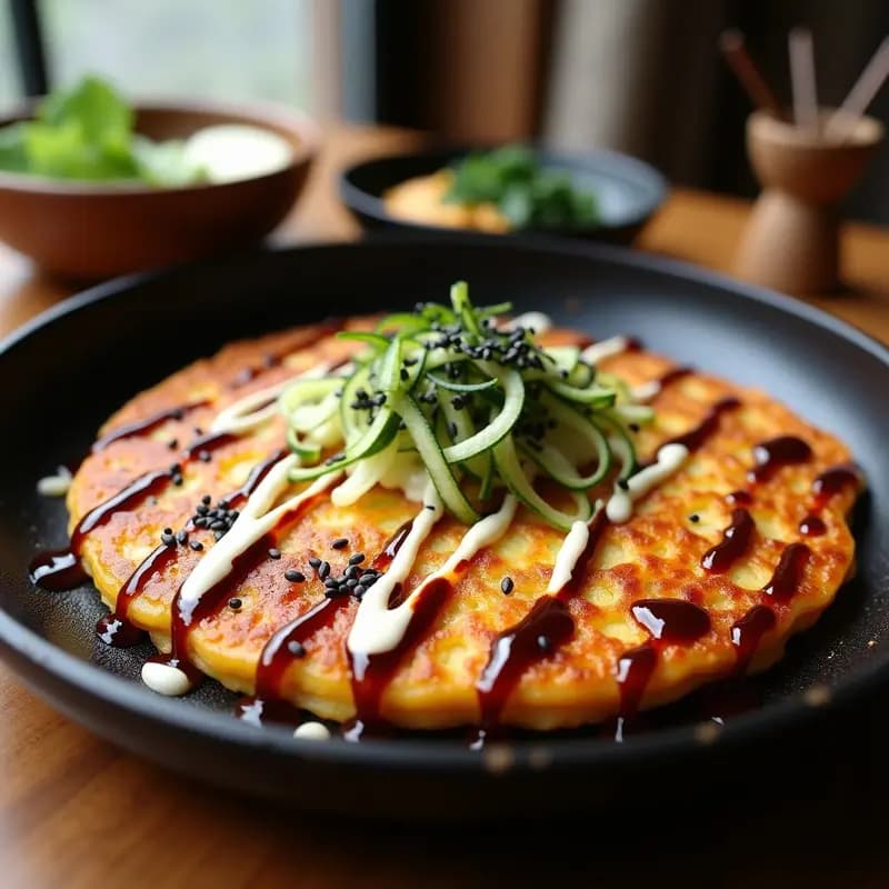 Okonomiyaki de calabacín y camarones en sartén de hierro, dorado por ambos lados, con camarones visibles y decorado con salsa okonomi, mayonesa japonesa y semillas de sésamo negro sobre un fondo rústico de madera.