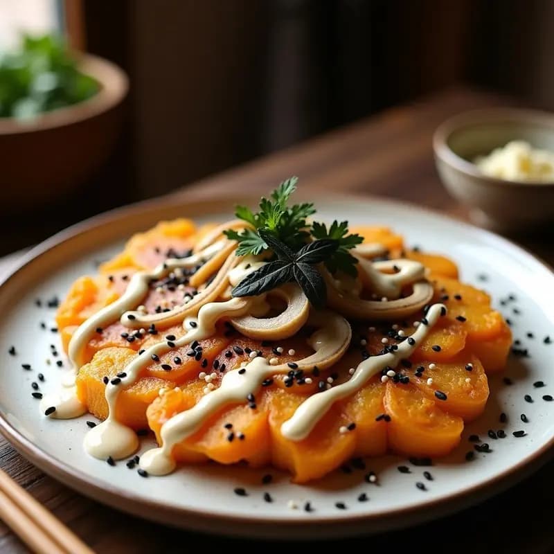 Okonomiyaki de calabaza y champiñones dorado en sartén, con salsa mayonesa japonesa, semillas de sésamo y algas nori, receta vegetariana japonesa.