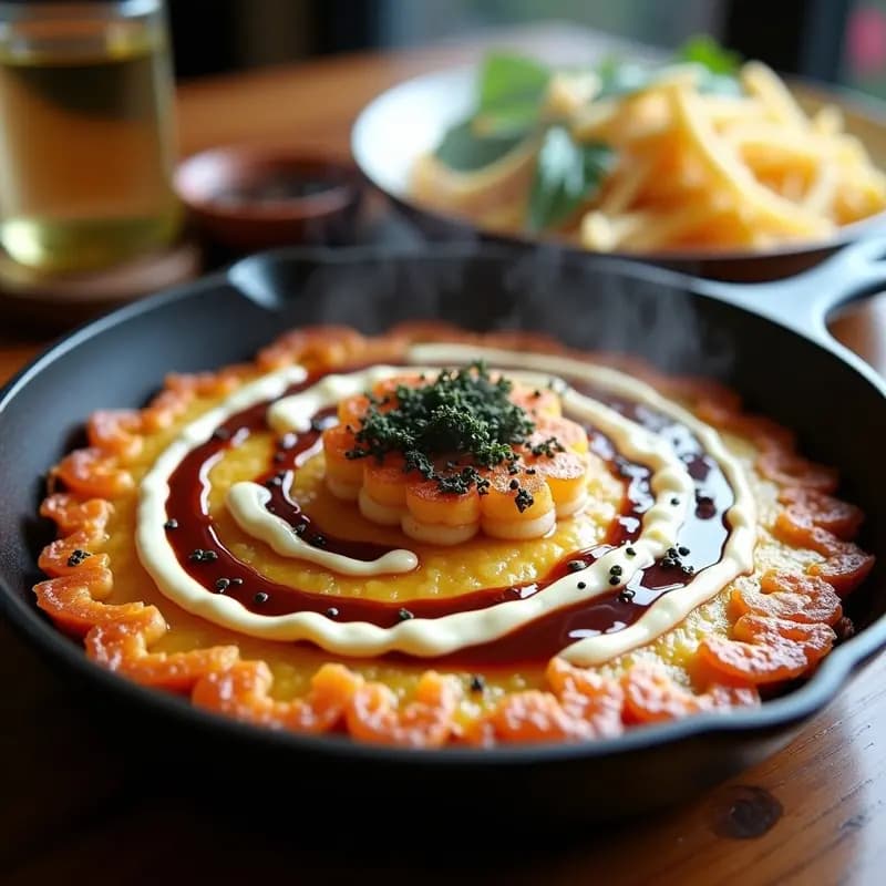 Okonomiyaki japonés dorado en sartén, con col blanca y camarones, bañado en salsa tonkatsu brillante y mayonesa en zigzag, decorado con bonito en copos, algas nori y semillas de sésamo.