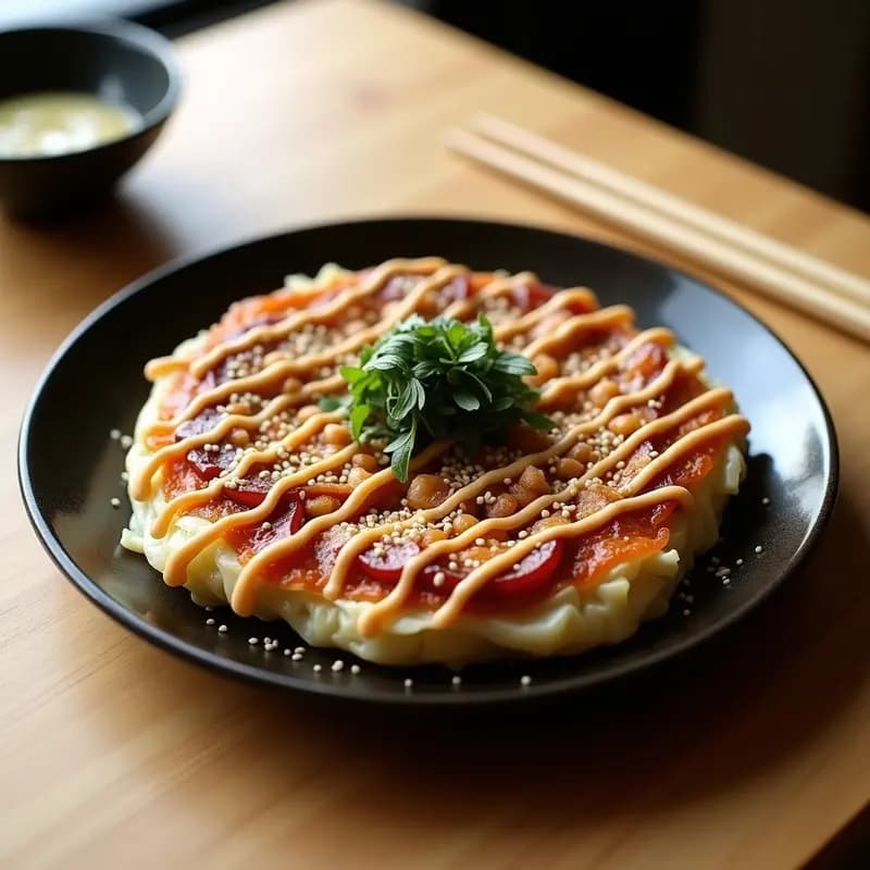 Okonomiyaki japonés en forma de sobres dorados de repollo rellenos de cerdo, decorados con salsa umami oscura, mayonesa blanca en zigzag, bonito en copos y algas nori en tiras, servido en plato negro de cerámica.