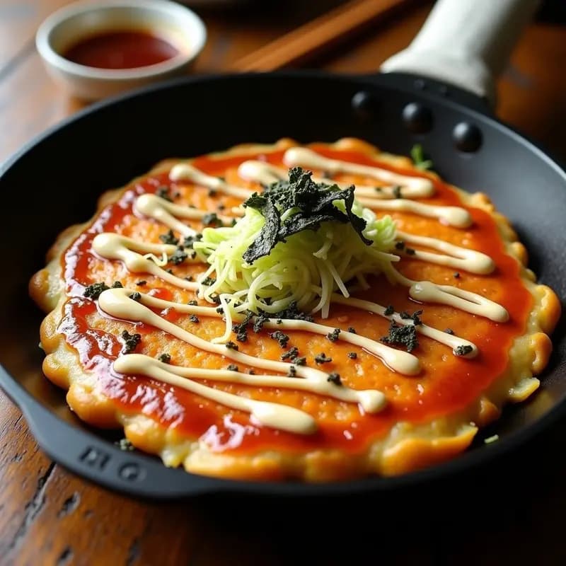 Okonomiyaki de col y chanchamito dorado en sartén, decorado con salsa okonomi, mayonesa japonesa, bonito en copos y algas nori, receta japonesa salada y dulce.