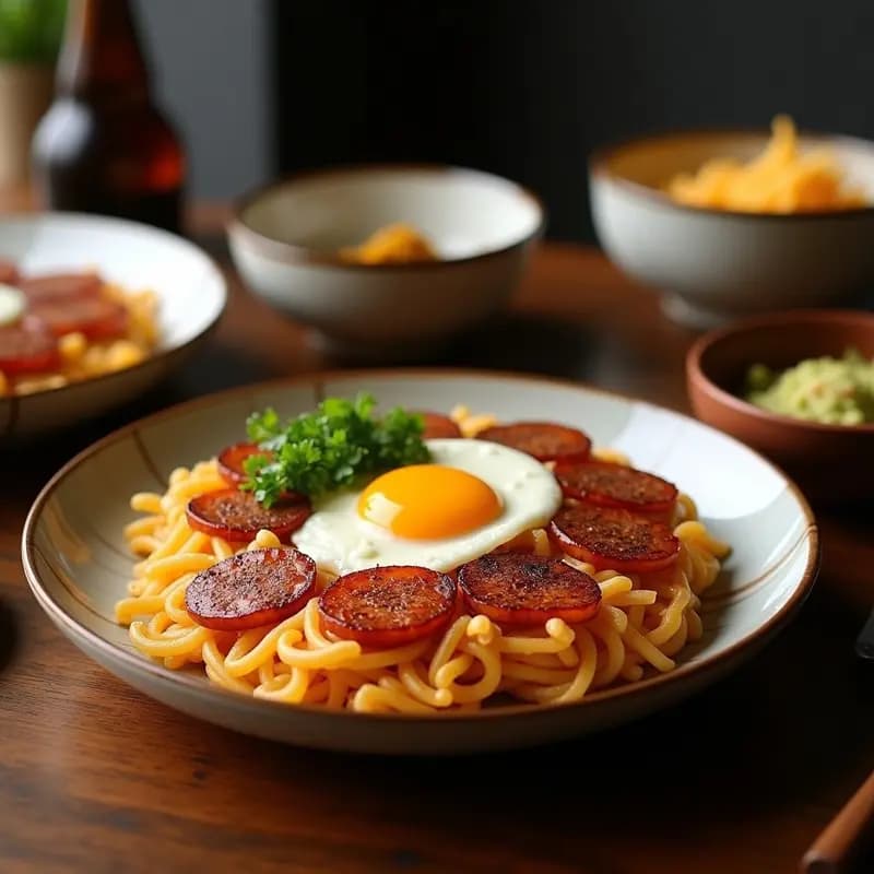 Okonomiyaki de col y chorizo ibérico servido en plato blanco, con salsa okonomi y mayonesa japonesa en zigzag, espolvoreado con algas nori y acompañada de cebolla morada. Receta japonesa fusion en sartén.