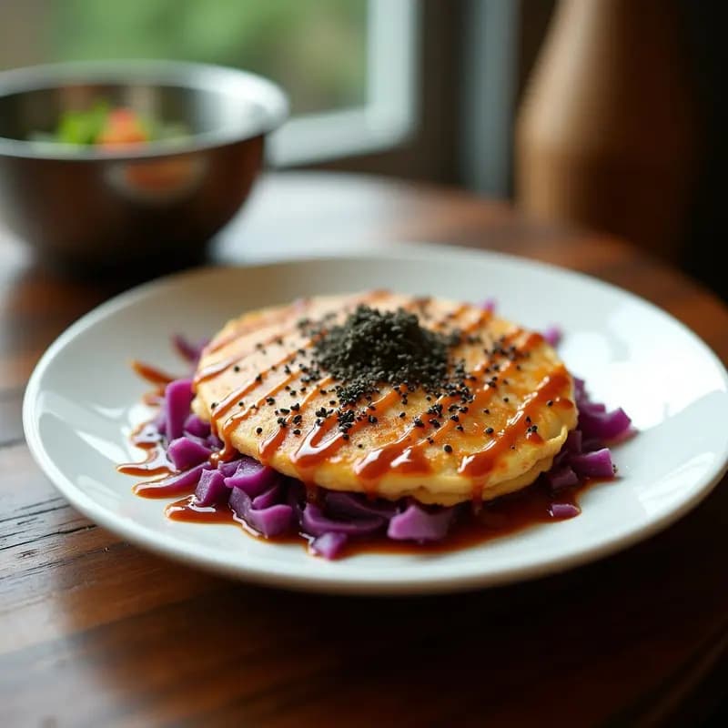 Okonomiyaki japonés con col morada y camarones en plato blanco, bañado con salsa okonomi y mayonesa kewpie en zigzag, decorado con algas nori, semillas de sésamo negro y bonito en copos.