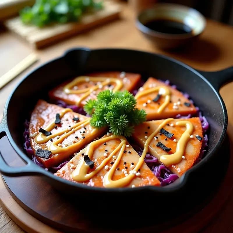 Okonomiyaki de col morada y cerdo con mayonesa japonesa servido en plato blanco, decorado con salsa okonomiyaki, mayonesa en zigzag, copos de bonito y algas nori picadas. Fondo rústico con tenedor de madera.