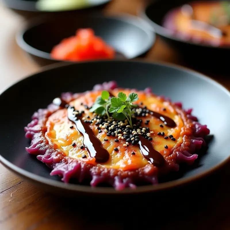 Okonomiyaki japonés con col morada y lnvita de sésamo, dorado y crujiente, decorado con algas nori, semillas de sésamo negro y un hilo de mayonesa vegana y sriracha sobre un plato de madera rústico.