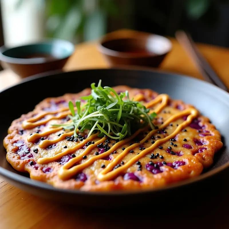 Okonomiyaki japonés dorado y crujiente con col morada vibrante, salsa teriyaki brillante y semillas de sésamo negro, servido en bandeja de madera rústica.