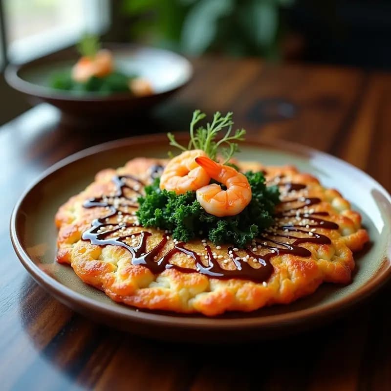 Okonomiyaki de col rizada y camarones, tortita japonesa dorada y crujiente con camarones rosados encima, decorada con salsa umami en zigzag, semillas de sésamo negro y tiras de alga nori sobre un plato de cerámica blanca.