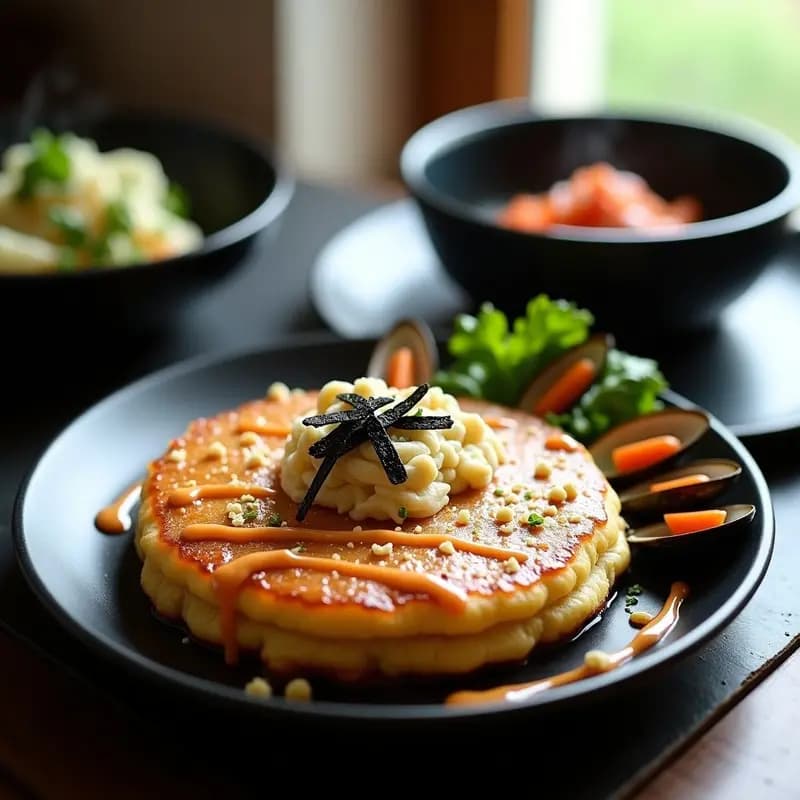 Okonomiyaki de Col Rizada y Champagne servido en plato negro, con tortita dorada y crujiente, decorado con bonito en copos, algas nori y salsa umami, acompañado de conchas de mejillones y hilo de mayonesa.