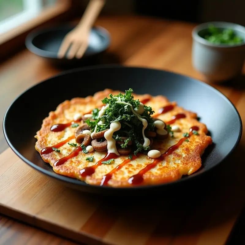 Okonomiyaki japonés dorado en sartén antiadherente, con capas de col rizada verde, champiñones salteados, salsa okonomiyaki brillante y mayonesa en zigzag, decorado con copos de bonito y algas nori.