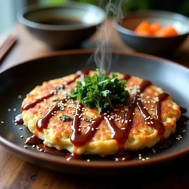 Okonomiyaki japonés vegano dorado y crujiente, elaborado con col rizada y champiñones portobello, servido en un plato de cerámica negro con salsa tonkatsu vegana, mayonesa vegana y semillas de sésamo negro por encima.