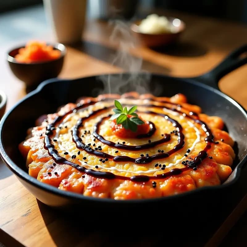 Okonomiyaki vegano dorado en sartén, con col rizada y kimchi, servido en plato de madera con salsa okonomi, mayonesa vegana, semillas de sésamo y copos de nori. Receta japonesa saludable y crujiente.