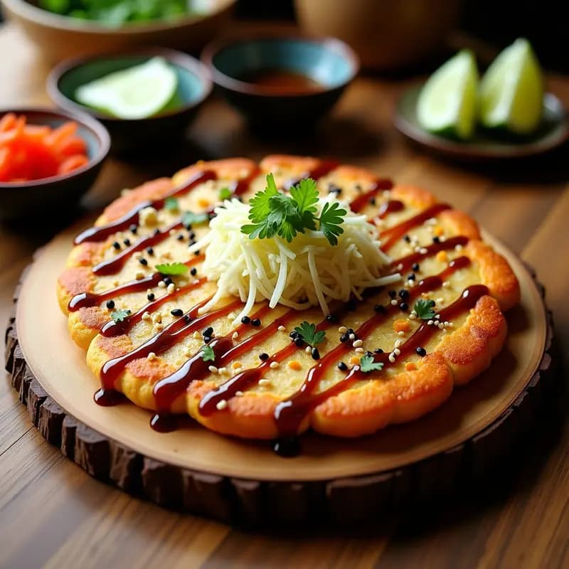 Okonomiyaki vegano sin harina en bandeja de madera, con base dorada de col y tofu, bañado en salsa umami brillante, decorado con semillas de sésamo negro, algas nori y ralladura de lima. Placa de fondo con encurtidos de jengibre rojo.
