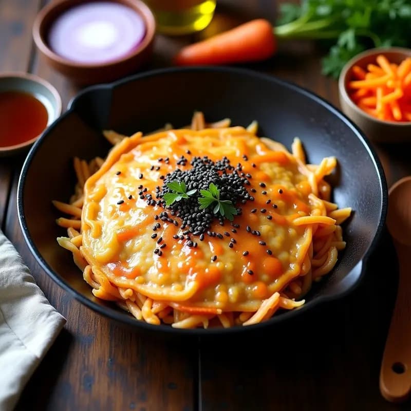 Okonomiyaki vegano de col y zanahoria dorado y crujiente en sartén, servido con salsa teriyaki sin azúcar y semillas de sésamo negro, receta japonesa saludable.