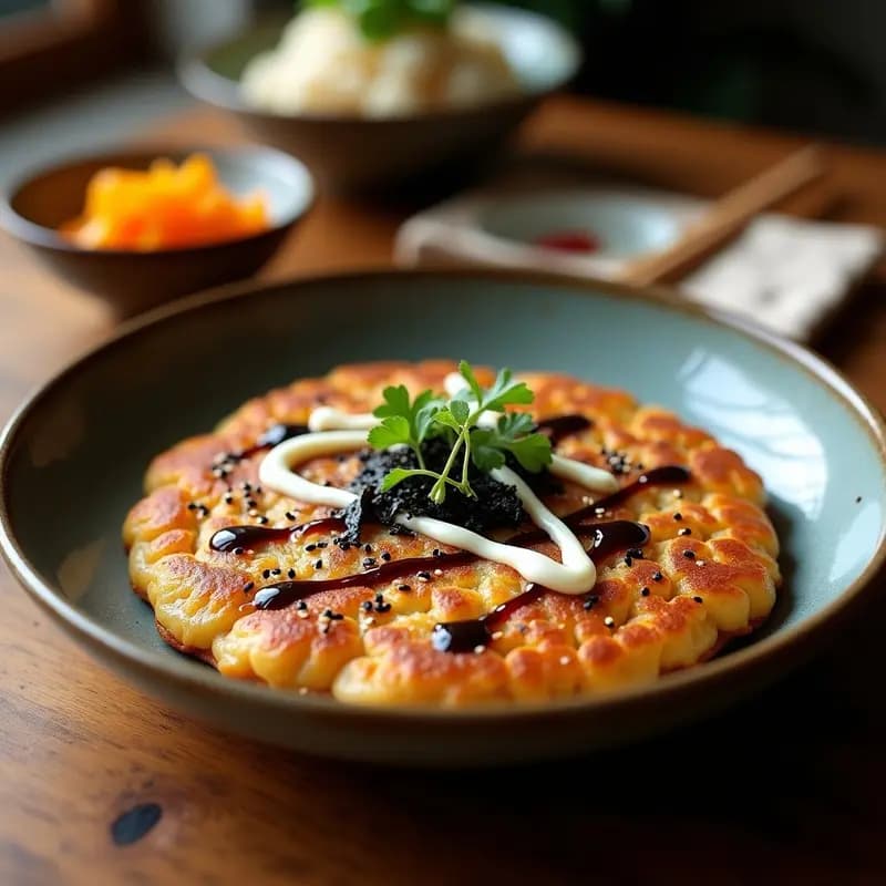 Okonomiyaki de coliflor y repollo keto y sin gluten, dorado y crujiente, servido en plato de cerámica con salsa okonomi oscura, mayonesa blanca y semillas de sésamo negro. Decorado con algas nori y bonito en escamas sobre fondo rústico.