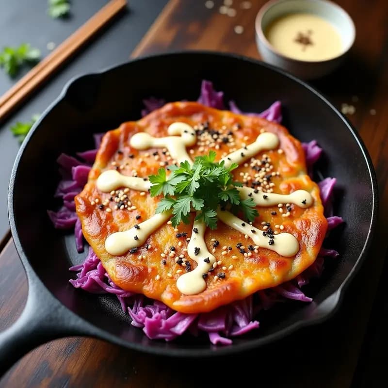 Okonomiyaki Holandés dorado y crujiente en sartén, con repollo morado vibrante, queso Gouda derretido y mayonesa umami brillante. Decorado con semillas de sésamo y algas nori, servido en plato de cerámica negra.