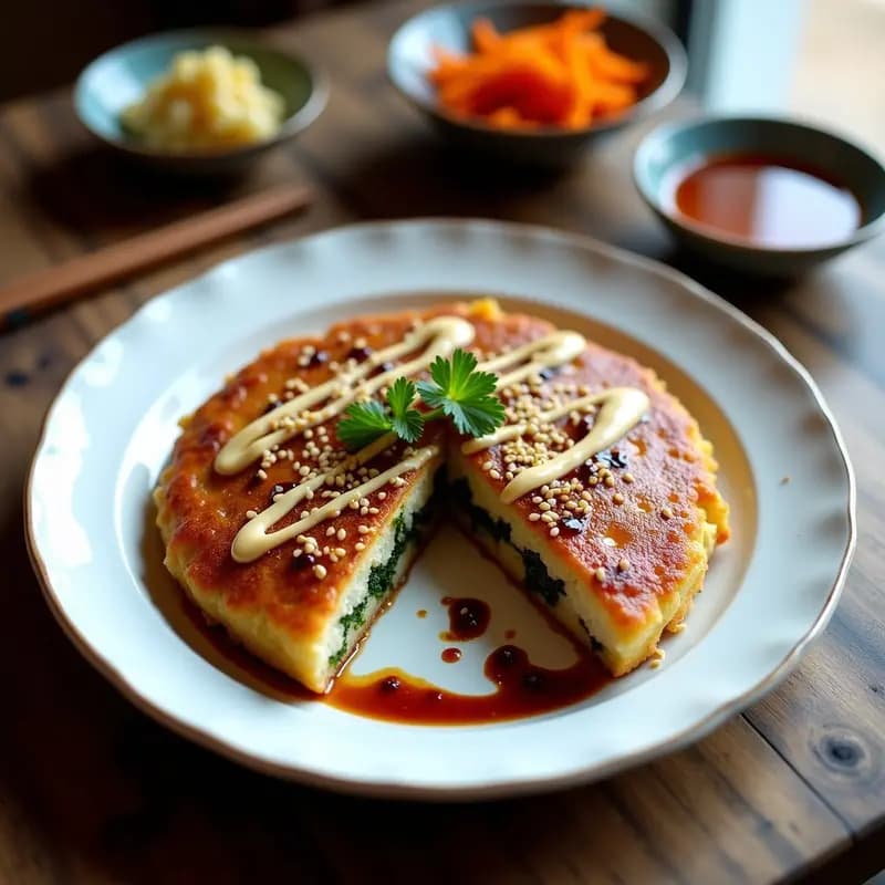Okonomiyaki japonés de col rizada y tofu sin gluten, dorado y crujiente, decorado con salsa tamari, mayonesa vegana, semillas de sésamo y alga nori, servido en un plato de cerámica blanca.