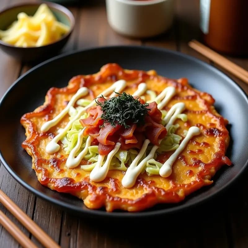 Okonomiyaki japonés dorado y crujiente con capas de repollo fresco, trozos de bacon caramelizado y salsa okonomi brillante, servido en plato negro con palillos. Ideal para desayunar.