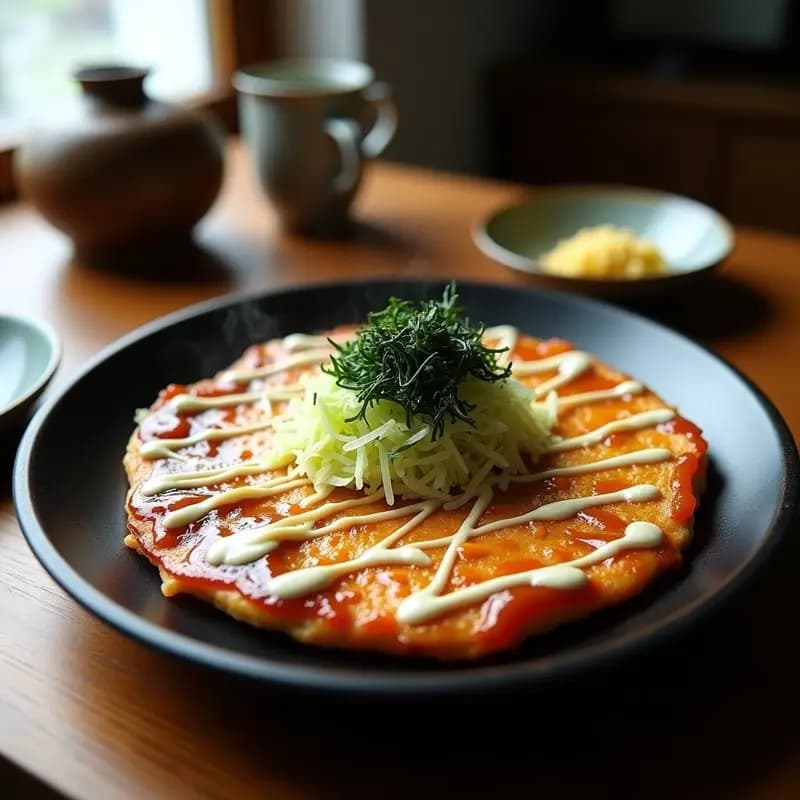 Okonomiyaki japonés de repollo y camarón en sartén, tortilla dorada y crujiente coronada con salsa okonomiyaki oscura, mayonesa blanca en zigzag, hojuelas de bonito, cebollino verde y tiras de alga nori, servida en plato de cerámica tradicional.