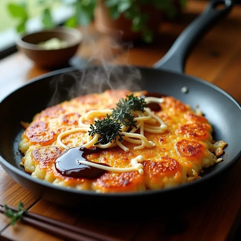 Okonomiyaki japonés de repollo y camarones en sartén, dorado por ambos lados, bañado con salsa okonomiyaki y mayonesa japonesa, decorado con algas nori y semillas de sésamo tostadas.