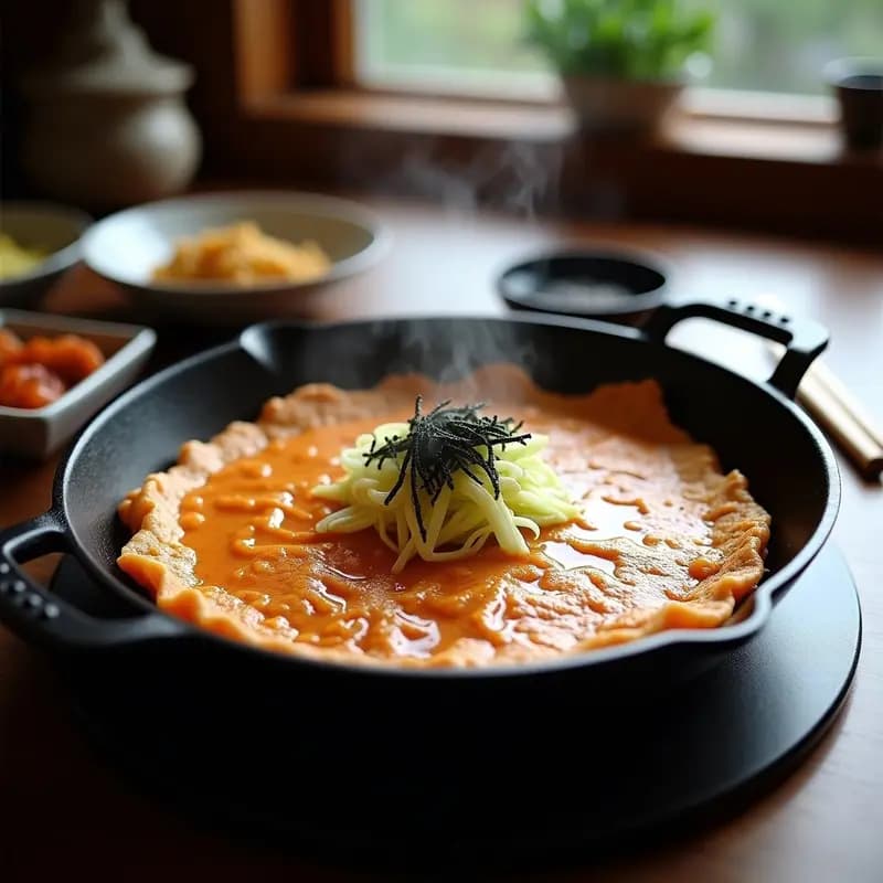Okonomiyaki japonesa dorada y crujiente en sartén de hierro, con repollo en juliana, láminas de cerdo caramelizado, mayonesa en zigzag, bonito en copos bailando y algas nori en tiras, lista para servir.