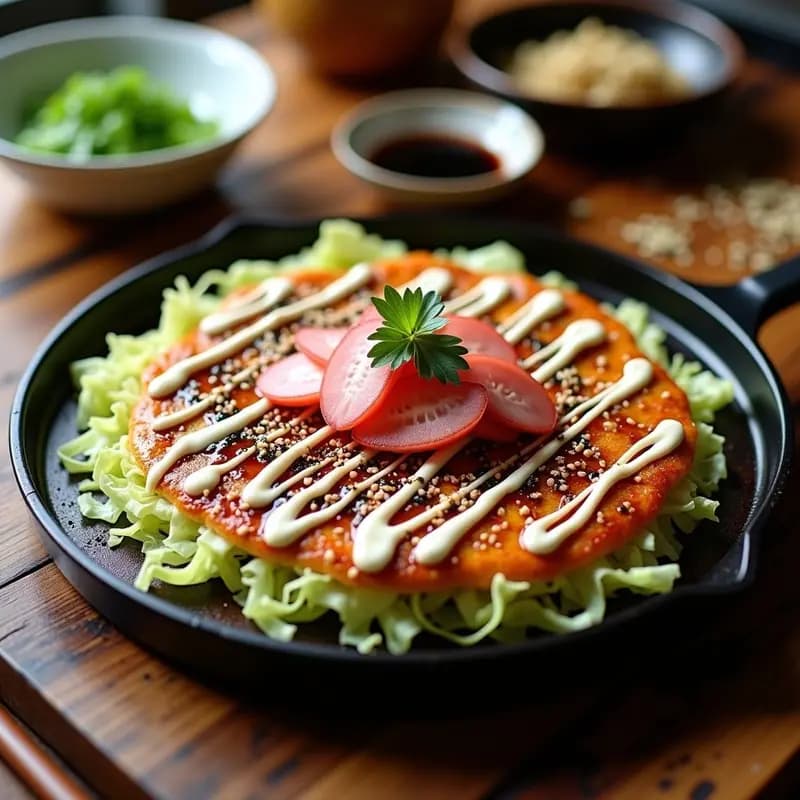 Okonomiyaki japonés dorado en plancha con repollo morado y tiras de cerdo, decorado con salsa okonomiyaki, mayonesa, bonito en copos, algas nori y semillas de sésamo.