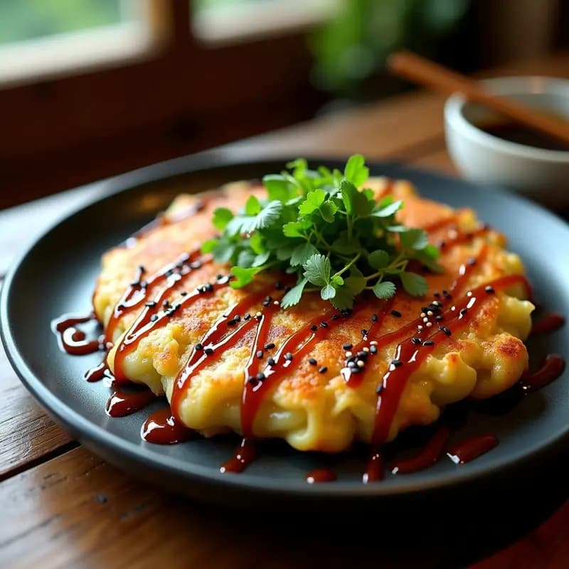 Okonomiyaki vegano dorado y crujiente con repollo, gamas y salsa okonomi, decorado con semillas de sésamo y alga nori sobre plato de madera oscura.