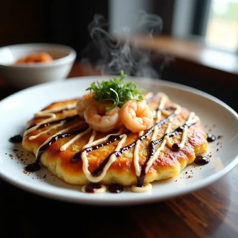 Okonomiyaki japonés dorado y crujiente con repollo y gambas, decorado con salsa okonomiyaki, mayonesa, algas nori y bonito en escamas, servido en plato de madera.
