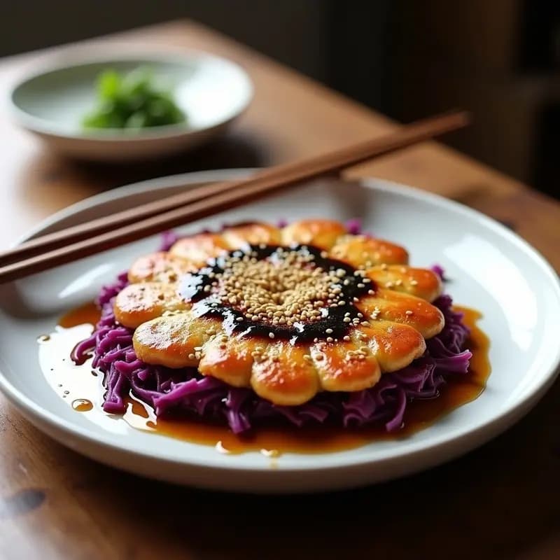 Okonomiyaki vegano crujiente en airfryer con repollo morado y hongos shitake, bañado en salsa okonomi oscura, decorado con semillas de sésamo y copos de nori. Plato japonés saludable y colorido.