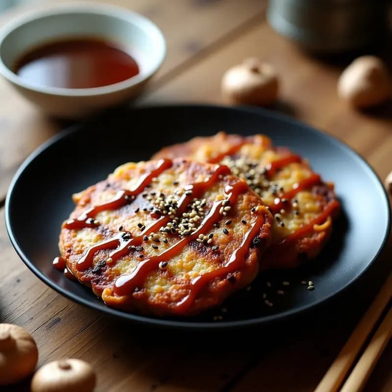Okonomiyaki de repollo morado y shiitake: tortitas japonesas doradas y crujientes, con trozos visibles de repollo morado vibrante y hongos shiitake, servidas en un plato negro con salsa okonomiyaki vegana brillante y semillas de sésamo espolvoreadas.