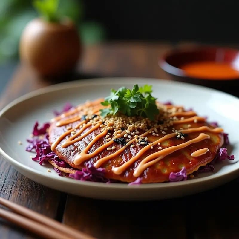 Okonomiyaki japonés con repollo morado y mayonesa sriracha, tortita salada dorada y crujiente, decorada con semillas de sésamo, bonito en escamas y algas nori, servida en plato blanco con salsa okonomiyaki y mayonesa picante en zigzag.