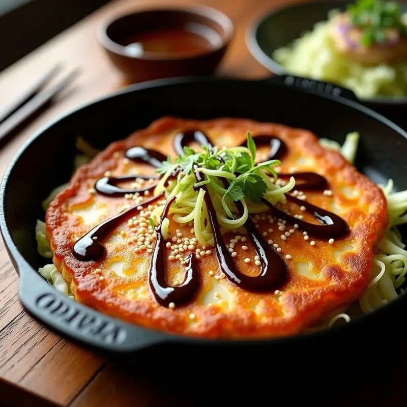 Okonomiyaki japonés vegano dorado en sartén, con repollo visible en su interior, bañado en salsa umami oscura y decorado con mayonesa vegana en zigzag, semillas de sésamo y algas nori, servido en plato de cerámica blanca.