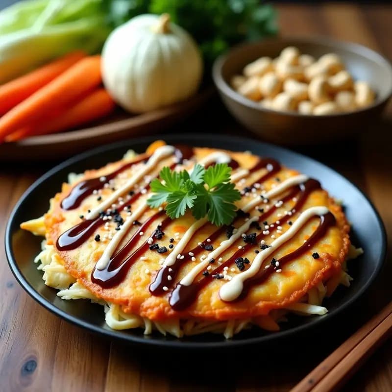 Okonomiyaki japonés vegano en plato hondo de cerámica negra, con base dorada y crujiente de col, tofu y zanahoria, decorado con salsa okonomiyaki brillante, mayo de anacardos cremosa en espiral, semillas de sésamo negro y blanco, y algas nori. Fondos borrosos de ingredientes frescos.