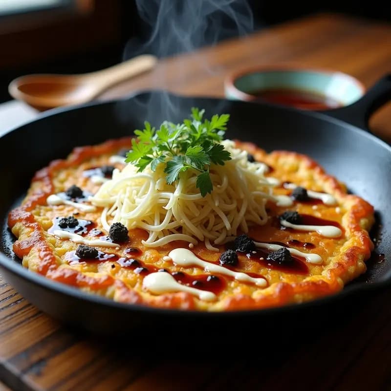 Okonomiyaki japonés vegano sin gluten en sartén, dorado y crujiente, con repollo, anchoas veganas, salsa sriracha-mayonesa, semillas de sésamo y alga nori. Plato colorido y apetitoso.