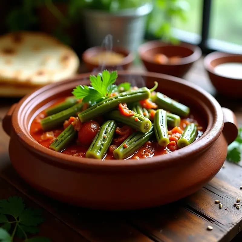 Olla de barro con okra estofada indopaki en salsa de tomate y cebolla, espolvoreada con cilantro fresco. Plato colorido y aromático con especias visibles, servido en un bol rústico sobre una mesa de madera.