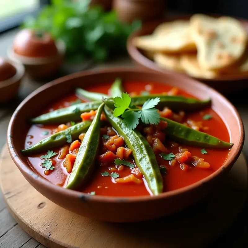 Plato hondo de barro con okra en salsa de tomate y cebolla egipcia, decorado con semillas de sésamo tostadas y acompañado de pan pita. Receta vegana tradicional con colores vibrantes y textura cremosa.