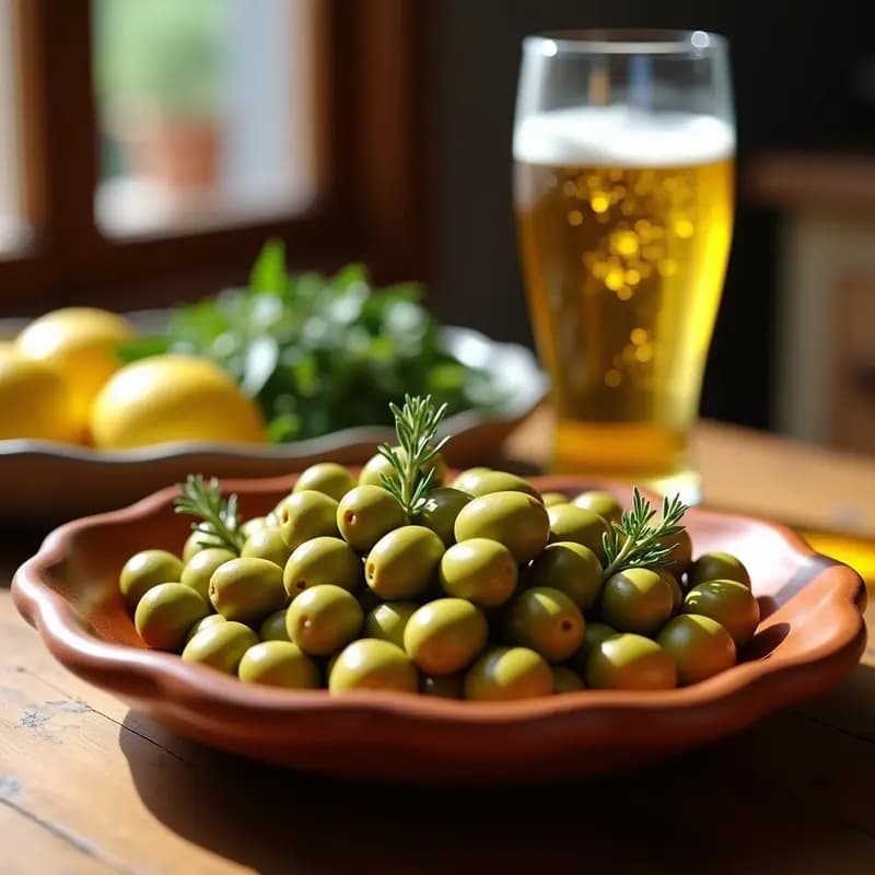 Plato rústico de barro con olivas verdes aliñadas al estilo sevillano, decoradas con rodajas de limón y ramitas de tomillo fresco, sobre una mesa de madera con una cerveza fría al fondo.