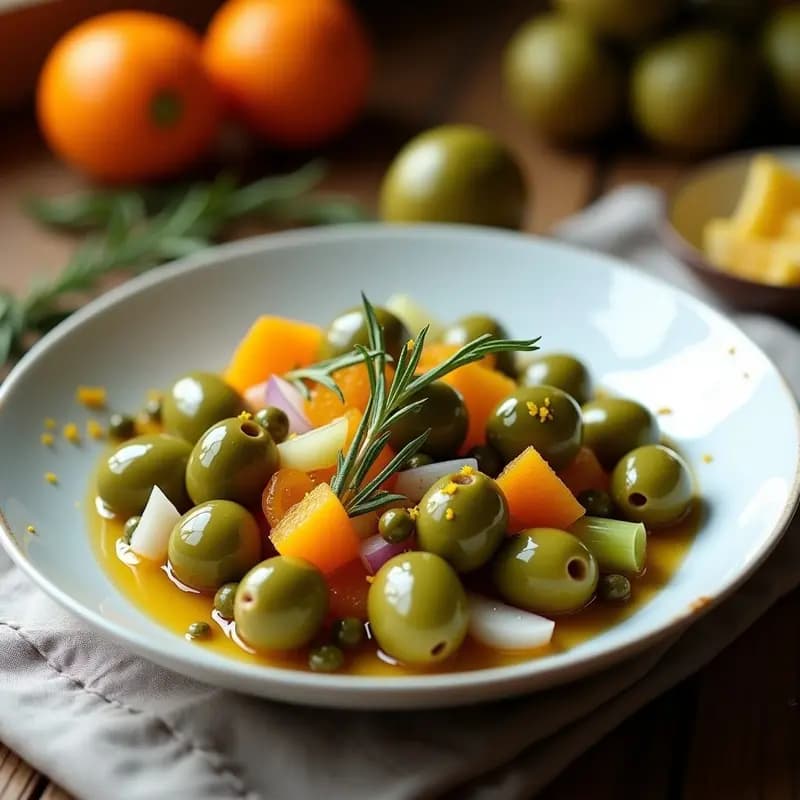 Plato de cerámica blanca con Olives all’Aschera con naranjas y hierbas, aperitivo siciliano sin cocción, aceitunas verdes marinadas con trozos de naranja amarga, cebolla morada, apio y hierbas provenzales, bañadas en aceite de oliva virgen extra.