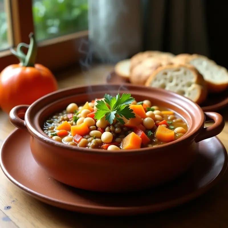 Cazuela de barro humeante con olla gitana, guiso espeso de garbanzos, judías blancas, lentejas, calabaza y zanahoria, coronado con perejil fresco. Plato tradicional andaluz servido en cuenco rústico con fondo de madera.