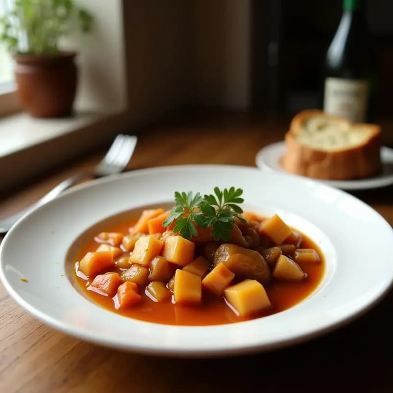 Olla de barro humeante con olla podrida tradicional: alubias blancas cremosas, trozos de chorizo, morcilla, tocino y patatas, servida en cuenco rústico de barro con pan al lado.
