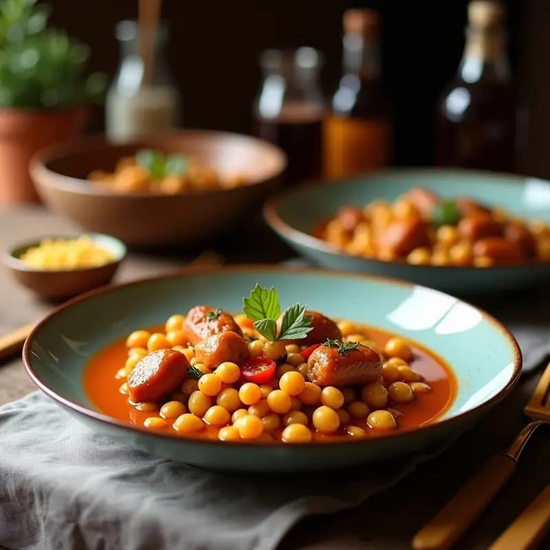 Olla de barro humeante con cocido de garbanzos, morcilla de cebolla entera, trozos de tocino dorado, patatas, zanahoria y repollo. Plato tradicional medieval español servido en cuenco de barro rústico sobre mesa de madera.