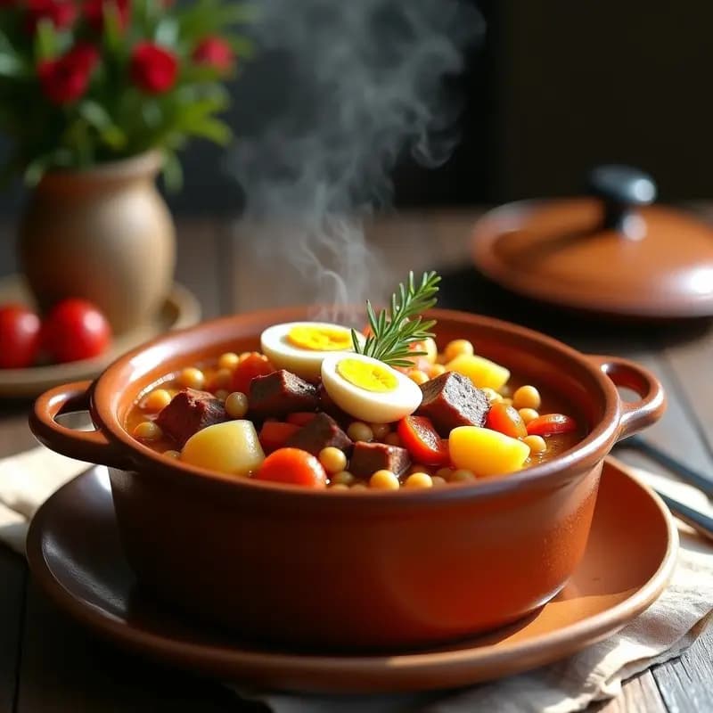 Olla de barro humeante con olla podrida tradicional: garbanzos dorados, trozos de carne de ternera, costillas de cerdo, chorizo y morcilla, acompañados de patatas, zanahorias y repollo. Plato rústico y reconfortante típico español.